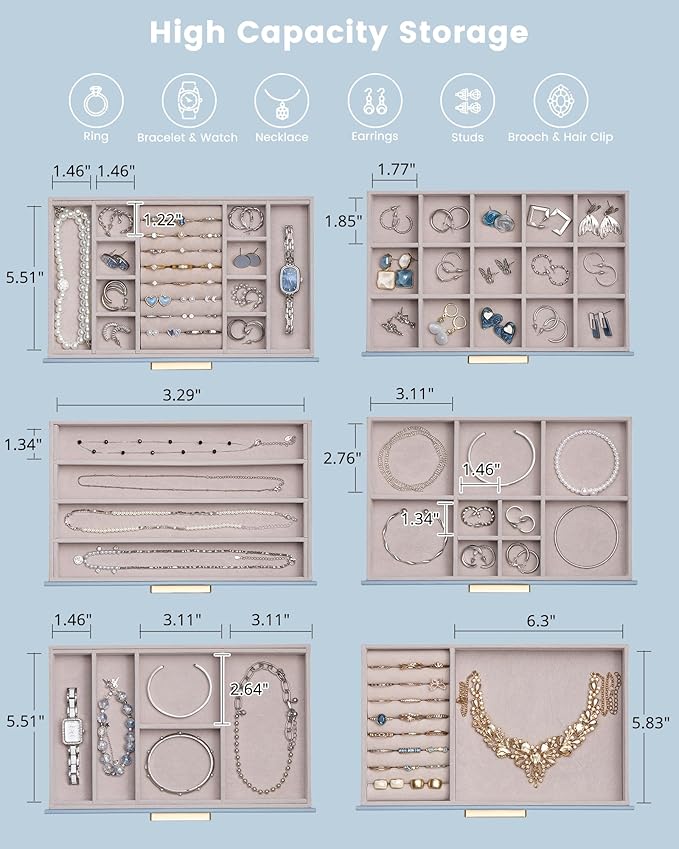 Lolalet Jewelry Box Organizer, 6-Layer Jewelry Organizers and Storage Case with Glass Lid, Ring Earring Bracelet Necklace Hol