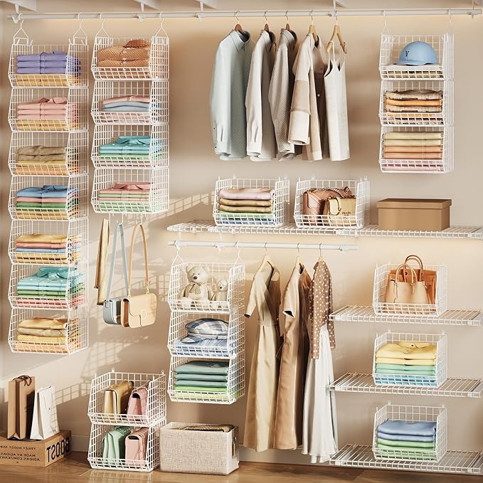 7 Tier Hanging Closet Organizer and Storage, Foldable Wire Closet Shelving with 4 Large Hooks+5 S Hooks,Hanging Basket for Cl