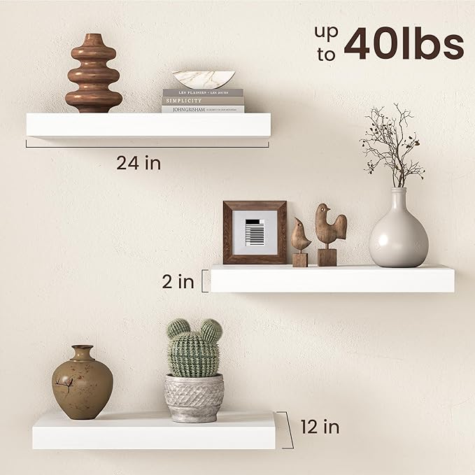 Fun Memories 12 Inch Deep White Floating Shelf, 24 x 12 Rustic Wood Wall Shelf for Books, 2" Thick Deep Floating Shelf for St