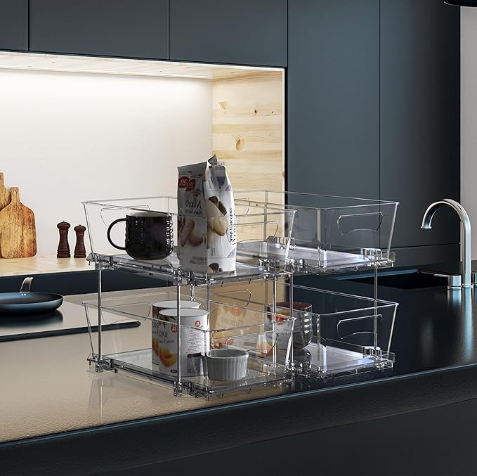 Simple Houseware 2 Tier Basket Drawer Cabinet Pull-Out Organizer, 2 Pack, Clear