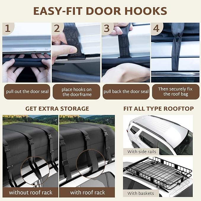 iBirdie Roof Rack Cargo Carrier 36.4 Cubic Feet, XXL Soft-Shell Rooftop Cargo Box, Waterproof Heavy Duty 1200D for Car with/Without Roof Rack, Includes Anti-Slip Mat, Door Hooks, 56x45x25 inches