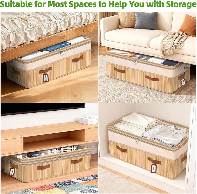 Livole Bamboo Under Bed Storage, 6-10 inches Height Adjustable Underbed Storage Containers, 92L XXXL Large Under Bed Storage 