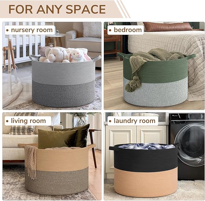 INDRESSME 115L Extra Large Cotton Rope Blanket Basket for Nursery, Boho Decor Baby Laundry Baskets for Kids Toy Organizer Sto