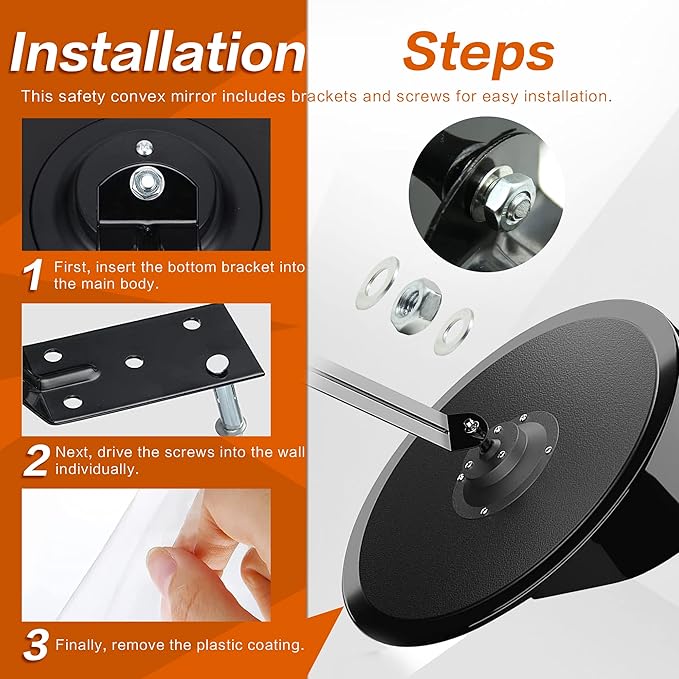 2Pcs 12" Convex Security Corner Mirror (Clear View) - Adjustable Fixing Bracket, Wide Angle, Indoor and Outdoor Use - Ideal for Warehouse, Office, Parking Garage, and Traffic Safety (Black)