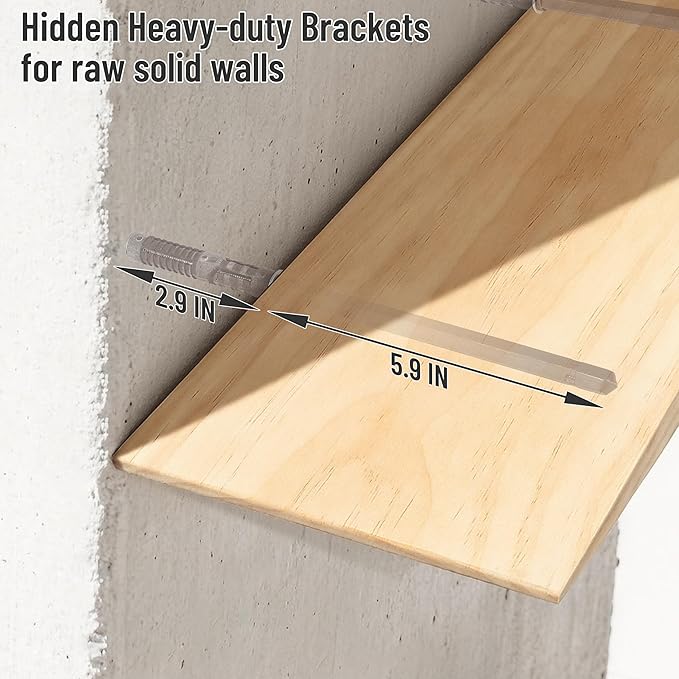 Floating Shelves for Concrete Wall: Solid Wood Shelf 15.75 and 23.6 inch with Heavy Duty Hidden Bracket for Display Books Pla