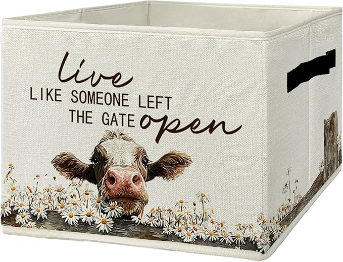 Rustic Cow Storage Bins & Boxes with Handles, Farmhouse Cow Foldable Basket for Organizing, Live Like Someone Left the Gate O