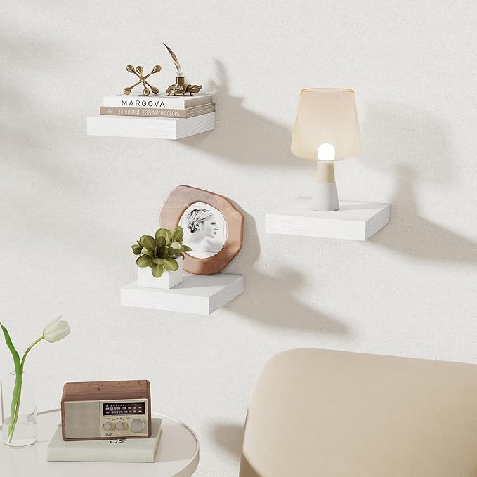 Fun Memories Small Floating Shelves for Wall - 8 Inch Square Wall Shelves with Invisible Brackets, White Shelves for Bathroom