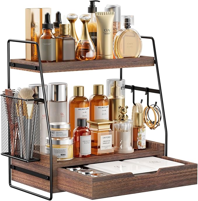 2-Tier Bathroom Counter Organizer with Drawer & Removable Basket, Wood & Metal Vanity Organizer for Skincare, Makeup, Perfume