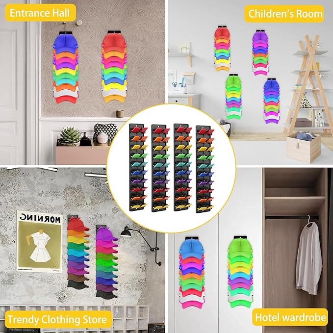 4 Pack Hat Organizer for Baseball Caps Hat - with Built-in Spring Clips Wall Mount Closet Hat Rack Holder Organizer for Baseb