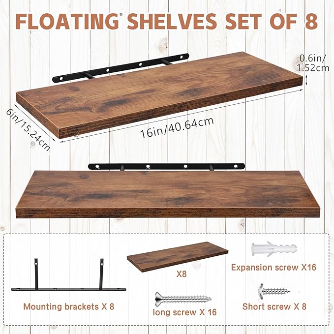 Sliner 8 Pcs 16'' Floating Shelves for Wall with Invisible Brackets, Rustic Wood Deep Wall Mounted Shelves for Home Decor, St