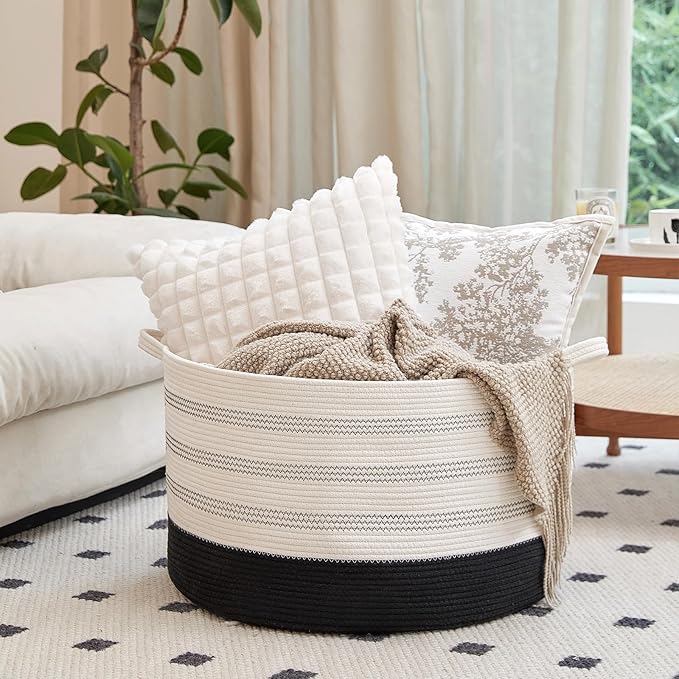 R RUNKA XXXLarge Cotton Rope Basket 22" X 22"X 14" Blanket Basket for Living Room Woven Basket Soft Baby Laundry Blanket Bask