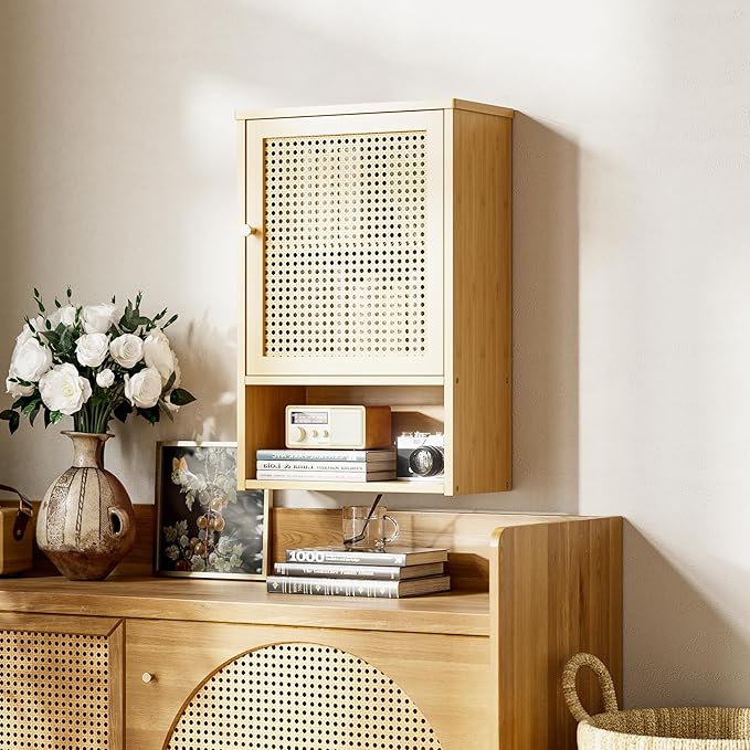 HITNET Bathroom Wall Cabinet, Rattan Medicine Cabinet, Bamboo Hanging Storage Organizer Over The Toilet with Adjustable Shelf