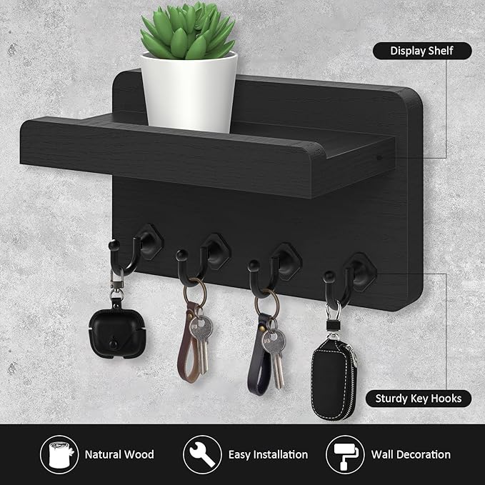 Nekon Key Holder Wall Mount, 8.5 Inch Small Home Decor Wooden Wall Organizer with 4 Hooks and Shelf, Key and Mail Holder for 