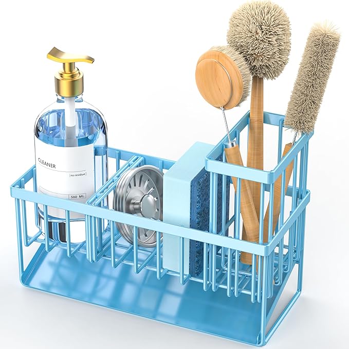 Cisily Blue Kitchen Sink Caddy Organzier with High Brush Holder, Sponge Holder for Sink, 304 Rustproof Stainless, Kitchen Cou