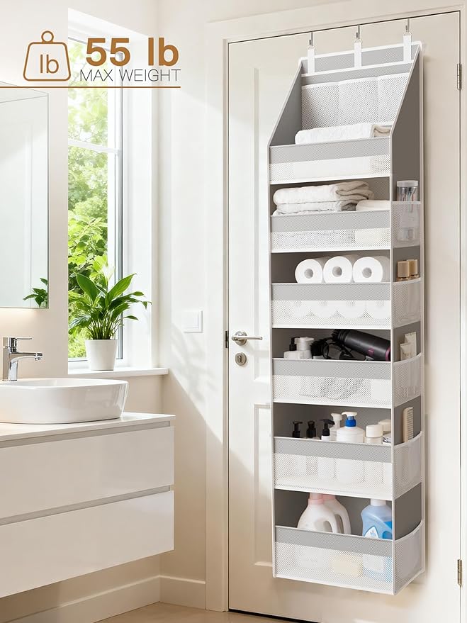 Criusia Over The Door Organizer, Heavy-Duty 6-Shelf Hanging Storage with 13 Mesh Pockets, 55lbs Capacity Behind The Door Stor