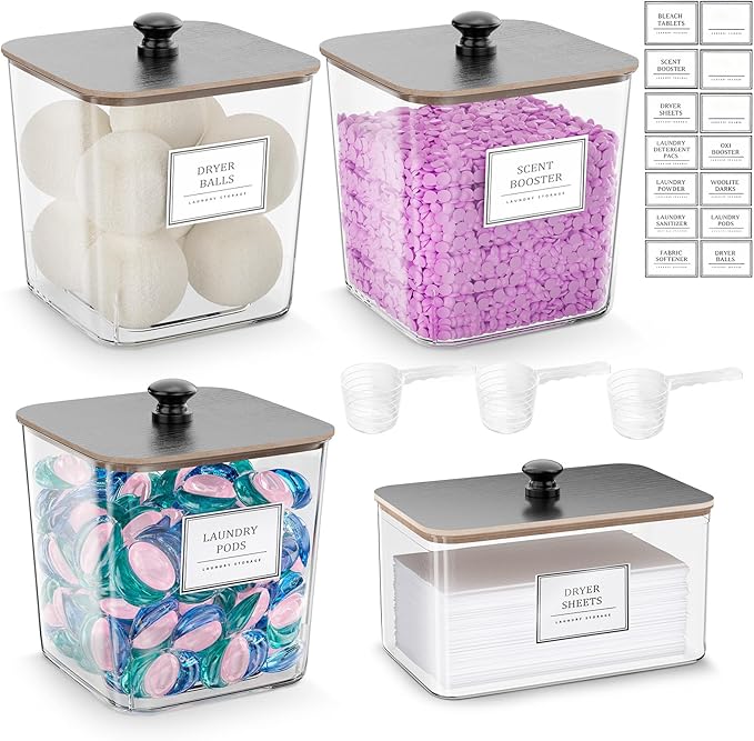 Laundry Pods Storage Container, Clear Laundry Room Organization and Storage,Detergent Powder Container,with Wooden Lids & Lab