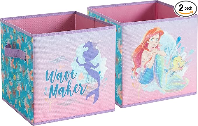 Disney Little Mermaid Storage Cubes,Set of 2 Spacious Collapsible Bins with Handles, Kids Toy Organizer for Bedroom & Playroo