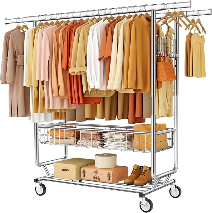 Gewudraw Heavy Duty Clothes Rack with Metal Basket, 1060 LBS Rolling Double Rod Garment Rack, Portable Extendable Clothing Ra