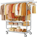 Gewudraw Heavy Duty Clothes Rack with Metal Basket, 1060 LBS Rolling Double Rod Garment Rack, Portable Extendable Clothing Ra