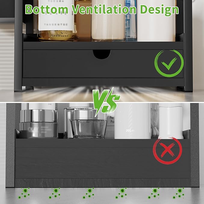Kottwca 2-Tier Bathroom Counter Organizer with Drawer, Basket & Hooks, Wooden Vanity Shelf for Skincare, Perfume & Makeup Sto