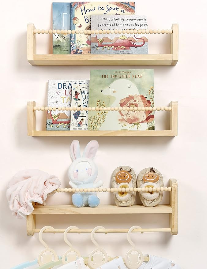 Maxpeuvon Nursery Floating Shelves for Wall, Set of 3 Book Shelves Natural Wood Wall Mounted Organizer with Towel Bar Hanging