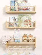 Maxpeuvon Nursery Floating Shelves for Wall, Set of 3 Book Shelves Natural Wood Wall Mounted Organizer with Towel Bar Hanging