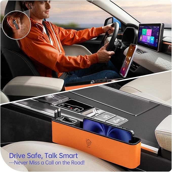 Car Seat Gap Filler Organizer with 69W Retractable Car Charger & Bluetooth Earpiece for Driving Calls, Car Accessories with Trucker Headset, Fits Sedans, SUVs, Pickup Trucks & Crossovers