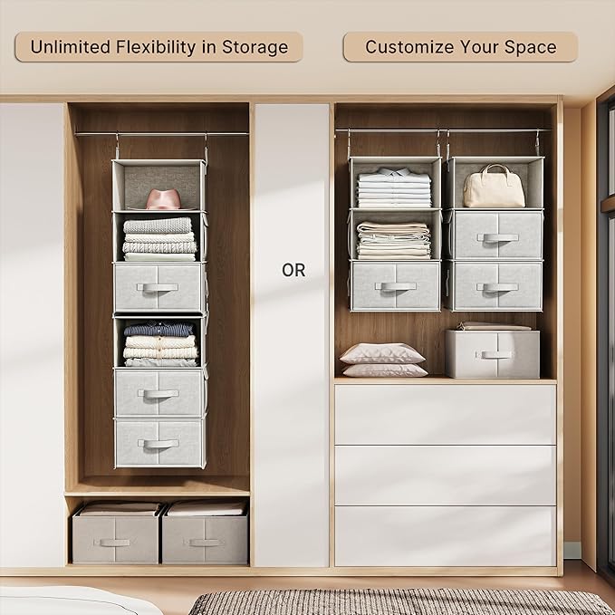 Vailando 6-Shelf Hanging Closet Organizer with 3 Drawers, 2 Separable 3-Shelf Closet Organizers and Storage for Wardrobe Orga