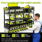 49" Heavy Duty Wall Mount Power Tool Organizer, 4-Tier Storage Rack with 12 Drill Holders & Battery Shelves, 600LBS Capacity 