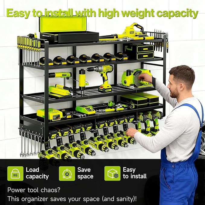 49" Heavy Duty Wall Mount Power Tool Organizer, 4-Tier Storage Rack with 12 Drill Holders & Battery Shelves, 600LBS Capacity 