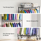 M MZG Heavy Duty Rolling Garment Rack 3 Tiers Adjustable Wire Shelving Clothes Rack with 2 Rods and Side Hooks,Storage Closet