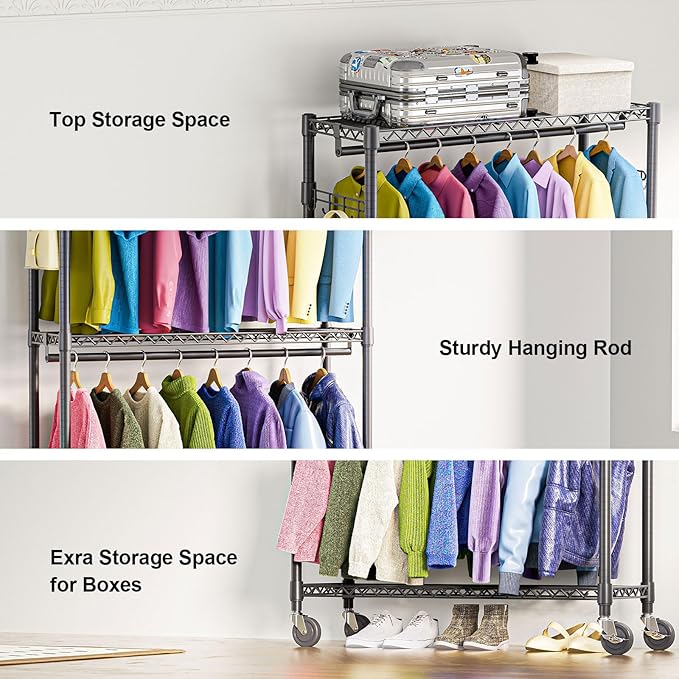 M MZG Heavy Duty Rolling Garment Rack 3 Tiers Adjustable Wire Shelving Clothes Rack with 2 Rods and Side Hooks,Storage Closet