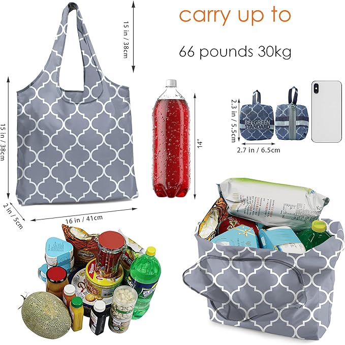 BeeGreen Reusable Grocery Shopping Bag -Travel Tote Bag - Foldable Compact Sturdy Bags