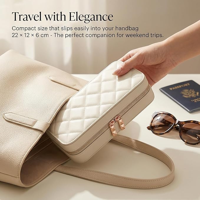 Travel Jewelry Case with Mirror, Quilted Small Jewelry Box Organizer for Women Girls, Portable Earring Necklace Bracelet Ring