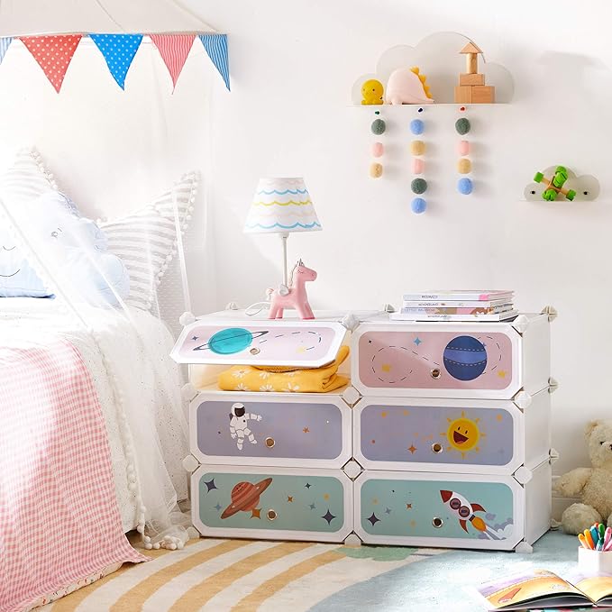 SONGMICS Kids' Shoe Rack with Doors, 6-Slot Stackable Storage Organizer, Plastic Wardrobe, Toys, Books, Clothes, 12.2 x 16.9 