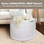 MEGASKET 115L White Cotton Rope Storage Basket, 23.6"x15.7" Extra Large Blanket Storage Living Room, XXXL Soft Toy Bin for Or
