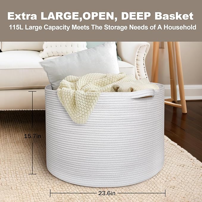 MEGASKET 115L White Cotton Rope Storage Basket, 23.6"x15.7" Extra Large Blanket Storage Living Room, XXXL Soft Toy Bin for Or