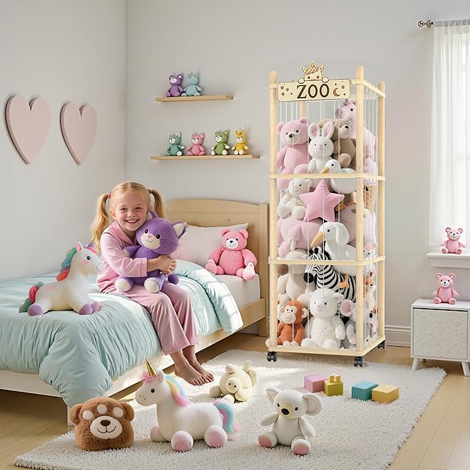 Stuffed Animal Storage Zoo Tower,56In Wooden Large Stuffed Animal Holder Organizer with Wheels,Stuffy Plushies Storage with E