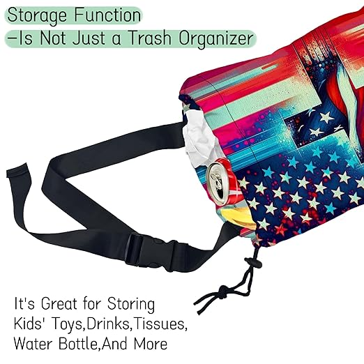 American Flag Cross Car Garbage Bag,Waterproof Small Car Trash Bag Hanging Back of Seat,Drawstring Hanging Car Trash Bag with Adjustable Buckle for Car Accessories
