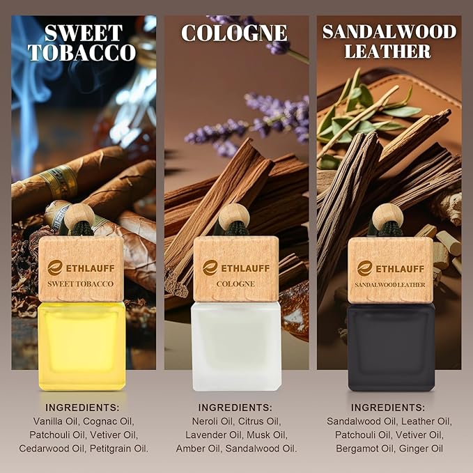 Car Air Freshener Hanging 3 Pack, Air Fresheners Diffuser - Leather, Cologne, Sweet Tobacco Fragrance Oil Air Diffuser for Me