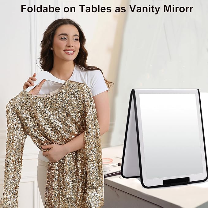 LPHUMEX Foldable Full Length Mirror White with Black Handles Hanging, 13x33 inch Portable Folding Body Mirror for Dance, Fest