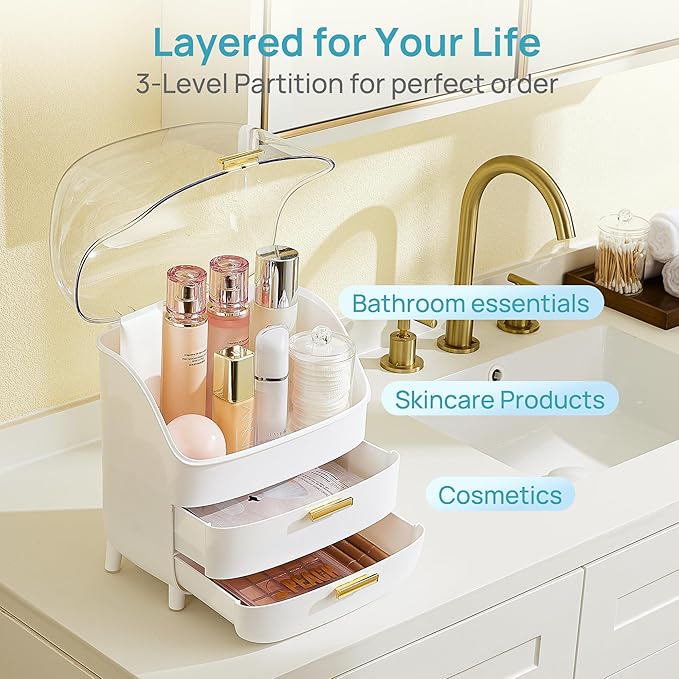 Vtopmart 3-Tier Skincare Makeup Organizer with Drawers and Lid for Vanity and Bathroom Countertop, Large Cosmetic Storage Box
