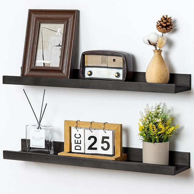 Picture Ledge Shelf for Wall, 24 inch Solid Pine Wood Nursery Book Shelves 2 Packs, Floating Ledge Shelves for Kids' Room Bed
