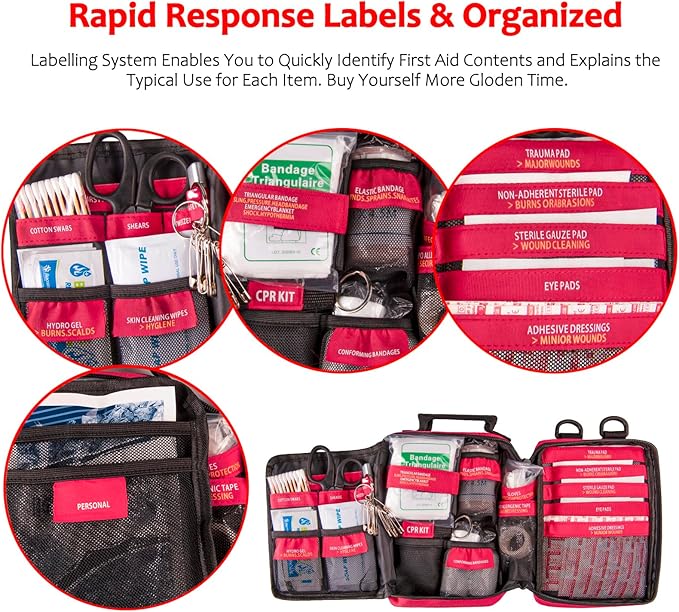 First Aid Kit, Trauma First Aid Kits with Labelled Compartments Molle System, Professional Emergency Kits for Home, Office, C