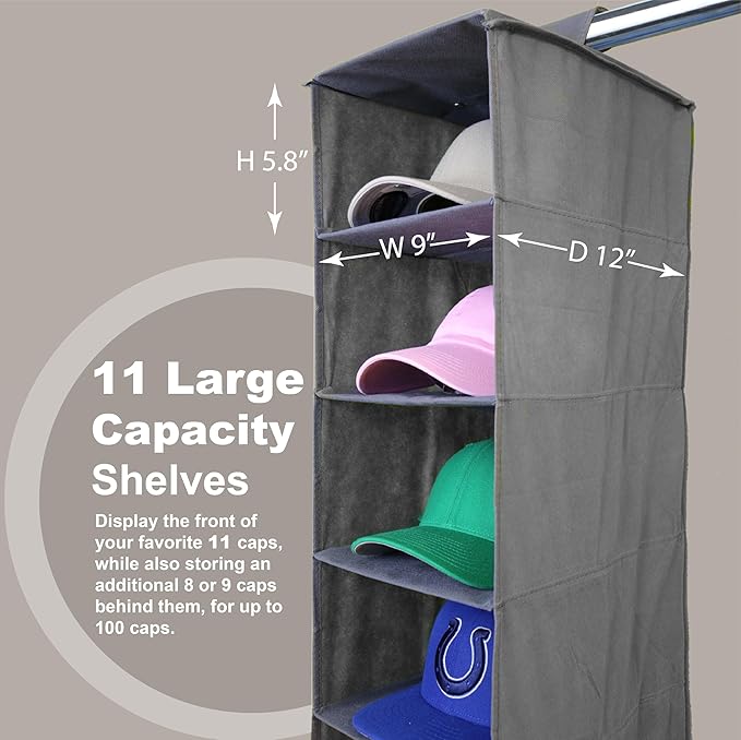 Perfect Curve 11-Pocket Hanging Baseball Hat Organizer - Gray Hat Storage Rack for Closet, Holds Up to 100 Caps. Also store s