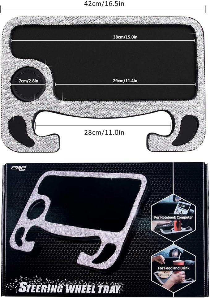 eing Bling Auto Steering Wheel Desk, Laptop,Tablet, Notebook Car Travel Table, Food Eating Hook On Steering Wheel Tray, for Constant Travelers, Fits Most Vehicles Steering Wheels,White