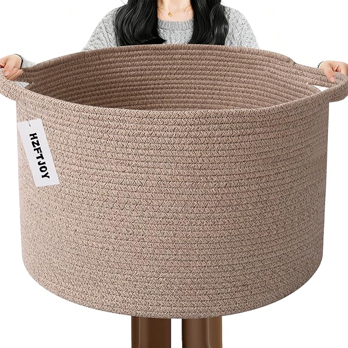 65L Extra Large Woven Cotton Rope Blanket Basket with Handles, Laundry Hamper Storage Bin for Pillows, Comforters,Clothes, To