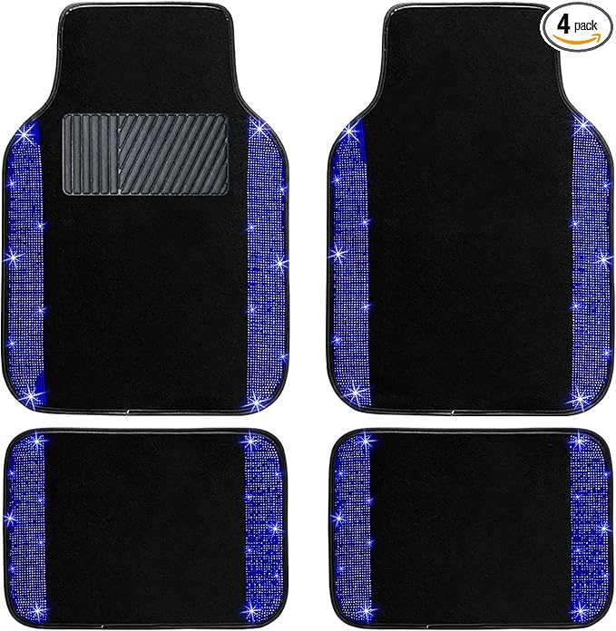 NBTEPEM Blue Bling Car Floor Mats Full Set, Universal Fit Most Cars,SUV, Trucks, 4 pcs Sparkle Glitter Diamond Carpet for Women Girls with Anti-Slip Pad (Blue Diamond)