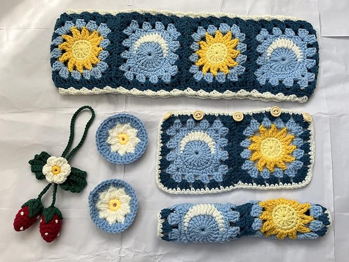 Handmade Crochet Sun and Moon Car Steering Wheel Covers Universal 14-15 inch for Women and Men (Wheel Covers+2belt Covers+2Car Coasters+Strawberry)