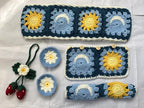 Handmade Crochet Sun and Moon Car Steering Wheel Covers Universal 14-15 inch for Women and Men (Wheel Covers+2belt Covers+2Car Coasters+Strawberry)